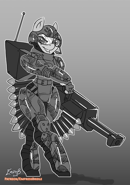 Size: 707x1000 | Tagged: antennae, anthro, armor, artist:empressbridle, bullet, camouflage, derpibooru import, gradient background, grayscale, grin, gun, gunpony, helmet, microphone, mk 19, monochrome, oc, padding, safe, shells, simple background, smiling, solo, unofficial characters only, visor, weapon