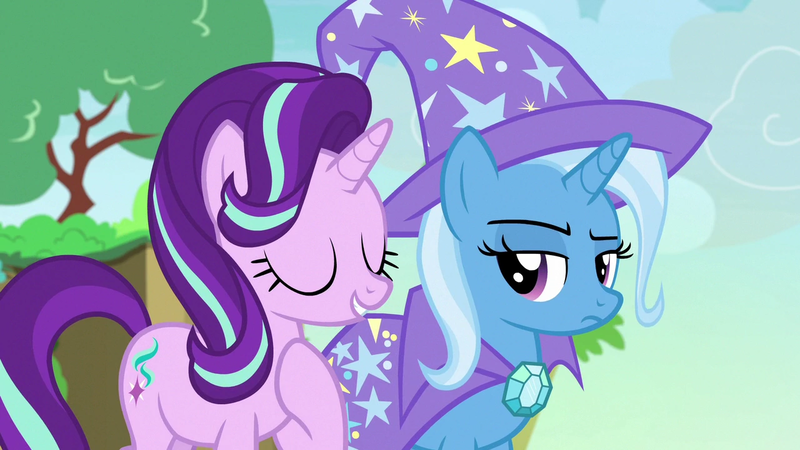 Size: 1280x720 | Tagged: safe, derpibooru import, screencap, starlight glimmer, trixie, pony, unicorn, to change a changeling, cape, changeling kingdom, clothes, eyes closed, female, frown, hat, mare, raised eyebrow, raised hoof, smiling, trixie is not amused, trixie's cape, trixie's hat, unamused