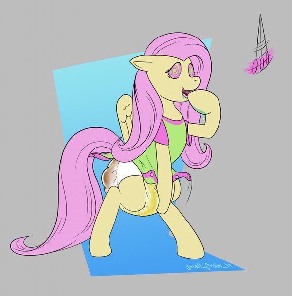 Size: 1262x1280 | Tagged: questionable, artist:small_circles_, derpibooru import, fluttershy, pony, diaper, diaper fetish, drool, fetish, hypnosis, hypnotized, mental regression, messy diaper, onesie, pendulum swing, poop, scat, simple background, solo, swirly eyes, toothless, urine, wet diaper