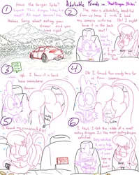 Size: 1280x1611 | Tagged: suggestive, artist:adorkabletwilightandfriends, derpibooru import, lily, lily valley, spike, dragon, earth pony, pony, comic:adorkable twilight and friends, 2 handfuls of dat ass, adorkable, adorkable friends, biting, blushing, butt, butt bite, car, comic, cute, date, dating, dodge dart, dork, faceful of ass, forest, happy, interior, lilyspike, lineart, literal butthurt, mountain, pain, plot, relationship, scenery, slice of life