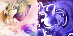 Size: 8000x4000 | Tagged: safe, artist:magentell, derpibooru import, princess celestia, princess luna, alicorn, pony, absurd resolution, duo, experimental style, female, jewelry, mare, regalia, royal sisters