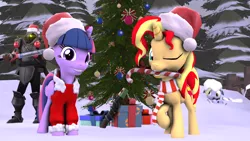 Size: 1920x1080 | Tagged: safe, artist:fd-daylight, derpibooru import, derpy hooves, sunset shimmer, twilight sparkle, twilight sparkle (alicorn), alicorn, pony, 3d, candy, candy cane, christmas, christmas ornament, christmas tree, clothes, costume, decoration, food, hat, holiday, pine tree, present, santa costume, santa hat, snow, source filmmaker, tree