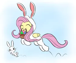Size: 1200x1000 | Tagged: safe, artist:mew-me, derpibooru import, angel bunny, fluttershy, pegasus, pony, rabbit, animal, animal costume, bunny costume, bunny ears, bunnyshy, clothes, costume, cute, daaaaaaaaaaaw, duo, easter, easter bunny, easter egg, eyes closed, gradient background, hnnng, holiday, hopping, mouth hold, pronking, shyabetes