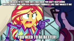 Size: 888x499 | Tagged: safe, derpibooru import, screencap, sci-twi, sunset shimmer, twilight sparkle, equestria girls, angry, bojack horseman, caption, exploitable meme, image macro, meme, sunset yells at twilight, text, vulgar