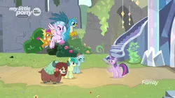 Size: 1920x1080 | Tagged: safe, derpibooru import, screencap, gallus, ocellus, sandbar, silverstream, smolder, tree of harmony, yona, changedling, changeling, classical hippogriff, dragon, earth pony, gryphon, hippogriff, pony, yak, uprooted, bow, cloven hooves, colored hooves, dragoness, female, flying, hair bow, jewelry, male, monkey swings, necklace, student six, teenager, treelight sparkle