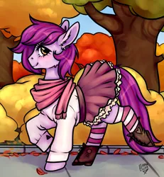 Size: 3600x3900 | Tagged: safe, artist:thatweirdpigeonlady, derpibooru import, oc, oc:mystic blare, pony, autumn, boots, clothes, crossdressing, cute, femboy, male, scarf, shirt, shoes, skirt, skirt lift, socks, solo, striped socks, thigh highs, trap