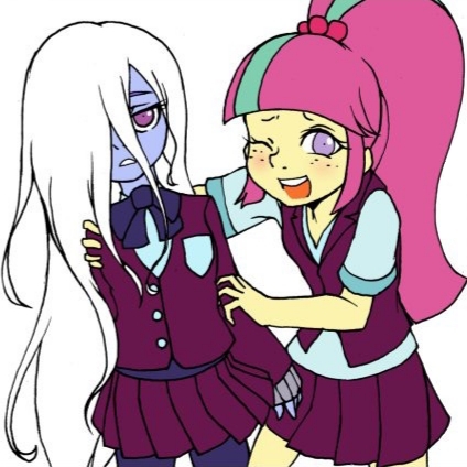 Size: 424x424 | Tagged: safe, artist:doktor-d, derpibooru import, sour sweet, sugarcoat, equestria girls, alternate hairstyle, clothes, cropped, crystal prep academy uniform, duo, female, freckles, hair over one eye, looking at you, loose hair, one eye closed, school uniform, shrunken pupils, simple background, unamused, white background