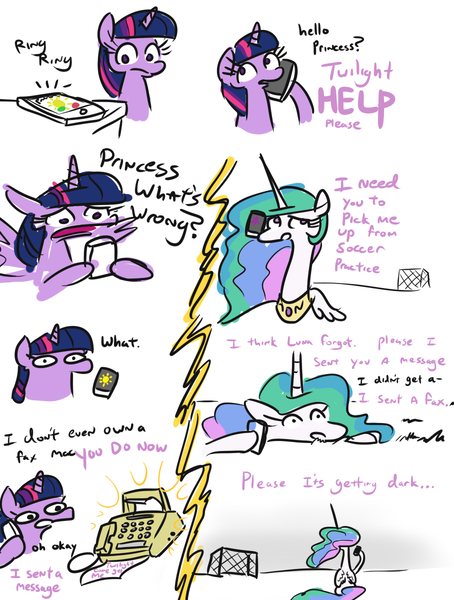 Size: 908x1200 | Tagged: safe, artist:jargon scott, derpibooru import, princess celestia, twilight sparkle, twilight sparkle (alicorn), alicorn, pony, bust, comic, dialogue, duo, fax, fax machine, female, football field, goal, hoof hold, mama twilight, mare, mobile phone, phone, phone call, simple background, smartphone, style emulation, white background, woonoggles