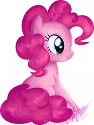 Size: 2222x2938 | Tagged: safe, artist:bagetova, derpibooru import, pinkie pie, earth pony, pony, cute, diapinkes, female, mare, profile, signature, simple background, sitting, solo, white background