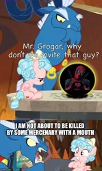 Size: 500x838 | Tagged: safe, derpibooru import, edit, edited screencap, screencap, cozy glow, grogar, human, pegasus, pony, the beginning of the end, comic, cozybuse, crystal ball, deadpool, female, filly, freckles, grogar's crystal ball meme, male, meme, screencap comic