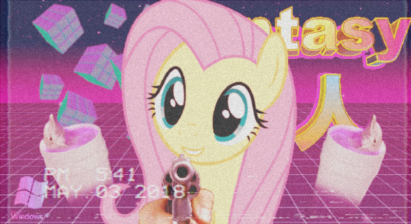 Size: 1280x699 | Tagged: safe, artist:luckreza8, derpibooru import, fluttershy, pony, bust, grid, gun, looking at you, timestamp, vaporwave, weapon