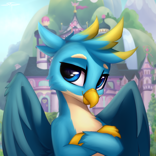 Size: 3000x3000 | Tagged: safe, artist:setharu, derpibooru import, gallus, gryphon, arms folded, bust, cheek fluff, crossed arms, cute, gallabetes, looking at you, male, school of friendship, solo, wing fluff