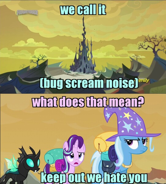 Size: 1280x1416 | Tagged: safe, derpibooru import, edit, edited screencap, screencap, starlight glimmer, thorax, trixie, changeling, pony, unicorn, to where and back again, badlands, bare tree, caption, castle, changeling hive, changeling kingdom, descriptive noise, discovery family logo, female, hive, image macro, laika studios, male, mare, missing link, scenery, spire, text, yellow sky