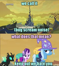 Size: 1280x1416 | Tagged: safe, derpibooru import, edit, edited screencap, screencap, starlight glimmer, thorax, trixie, changeling, pony, unicorn, to where and back again, badlands, bare tree, caption, castle, changeling hive, changeling kingdom, descriptive noise, discovery family logo, female, hive, image macro, laika studios, male, mare, missing link, scenery, spire, text, yellow sky