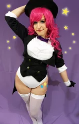 Size: 3282x5160 | Tagged: artist:ribbonbell, clothes, cosplay, costume, derpibooru import, human, irl, irl human, leotard, party of one, photo, pinkie pie, safe, socks, solo, thigh highs, thighs, tuxedo