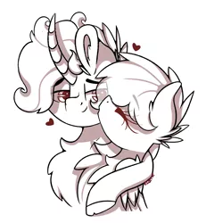 Size: 2193x2373 | Tagged: safe, artist:ezzerie, deleted from derpibooru, derpibooru import, oc, oc:wakeup call, pegasus, pony, unicorn, bust, digital, doodle, duo, kiss on the cheek, kissing, love, monochrome, shading, ship