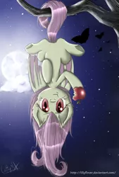 Size: 735x1087 | Tagged: safe, artist:lillyflover, derpibooru import, fluttershy, bat, bat pony, apple, bat ponified, cloud, cute, flutterbat, food, full moon, hanging, herbivore, looking at you, moon, munching, night, prehensile tail, race swap, shyabates, shyabetes, solo, stars, :t, tree, tree branch, upside down