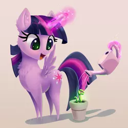 Size: 5441x5441 | Tagged: safe, alternate version, artist:xbi, derpibooru import, twilight sparkle, twilight sparkle (alicorn), alicorn, pony, cheek fluff, chest fluff, cute, ear fluff, eye reflection, female, glowing horn, gradient background, hooves, horn, levitation, lineless, looking at something, magic, mare, open mouth, plant, pointy legs, reflection, smiling, solo, spread wings, sprout, telekinesis, twiabetes, watering, watering can, wings