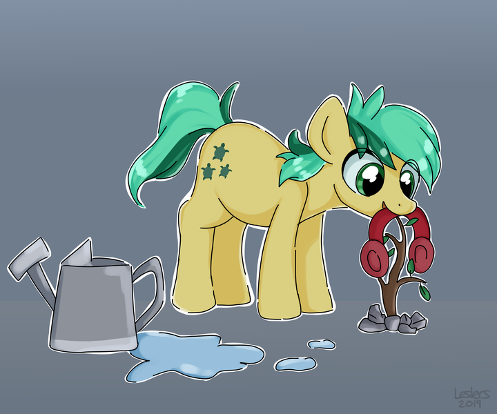 Size: 2400x2000 | Tagged: safe, artist:leslers, derpibooru import, sandbar, pony, uprooted, cute, earmuffs, eye clipping through hair, gray background, mouth hold, plant, sandabetes, sapling, simple background, solo, watering can