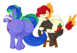 Size: 5200x3600 | Tagged: suggestive, artist:epicenehs, derpibooru import, oc, oc:chimie changa, oc:felicity stars, unofficial characters only, pegasus, pony, butt, dock, duo, duo female, fat, female, huge butt, impossibly large butt, large butt, milkshake, plot, rear view, simple background, stool, the ass was fat, transparent background