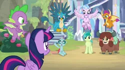 Size: 1920x1080 | Tagged: safe, derpibooru import, screencap, gallus, ocellus, sandbar, silverstream, smolder, spike, twilight sparkle, twilight sparkle (alicorn), yona, alicorn, changedling, changeling, classical hippogriff, dragon, earth pony, gryphon, hippogriff, pony, yak, uprooted, bow, claws, cloven hooves, colored hooves, dragoness, female, flying, hair bow, jewelry, male, monkey swings, necklace, student six, teenager, winged spike, wings