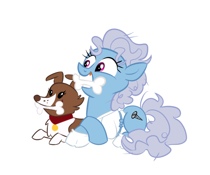 Size: 1200x1000 | Tagged: safe, artist:reynaruina, derpibooru import, screw loose, winona, earth pony, pony, behaving like a dog, bone, cute, cuteloose, duo, female, mare, mouth hold, prone, simple background, transparent background