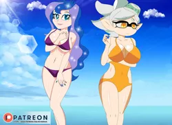 Size: 800x581 | Tagged: artist:raydonxd, beach, belly button, big breasts, bikini, breasts, busty princess luna, cleavage, clothes, derpibooru import, ethereal mane, human, humanized, marie, marie (splatoon), nail polish, one-piece swimsuit, open-back swimsuit, patreon, patreon logo, princess luna, splatoon, starry mane, suggestive, swimsuit