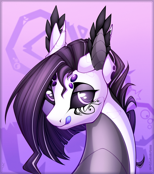 Size: 1166x1319 | Tagged: safe, artist:xn-d, derpibooru import, oc, oc:erin daedricon, unofficial characters only, dracony, dragon, hybrid, original species, pony, ponymorph, robot, robot pony, abstract background, black sclera, female, licking, licking lips, tongue out