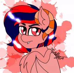 Size: 691x685 | Tagged: abstract background, artist:kellysans, demon, demon pony, derpibooru import, male, oc, oc:darkyron bladebood, original species, safe, signature, slit eyes