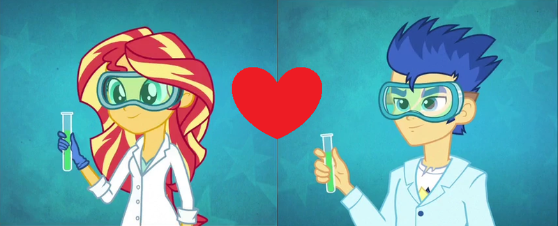 Size: 854x346 | Tagged: safe, derpibooru import, flash sentry, sunset shimmer, acadeca, equestria girls, friendship games, clothes, female, flashimmer, gloves, image, lab coat, male, png, rubber gloves, safety goggles, shipping, shipping domino, straight, sunset the science gal