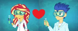 Size: 854x346 | Tagged: safe, derpibooru import, flash sentry, sunset shimmer, acadeca, equestria girls, friendship games, clothes, female, flashimmer, gloves, image, lab coat, male, png, rubber gloves, safety goggles, shipping, shipping domino, straight, sunset the science gal