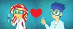 Size: 854x346 | Tagged: safe, derpibooru import, flash sentry, sunset shimmer, acadeca, equestria girls, friendship games, clothes, female, flashimmer, gloves, image, lab coat, male, png, rubber gloves, safety goggles, shipping, shipping domino, straight, sunset the science gal