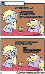 Size: 1280x2106 | Tagged: safe, artist:outofworkderpy, derpibooru import, derpy hooves, dinky hooves, pegasus, pony, unicorn, comic:out of work derpy, comic, cute, derpabetes, dinkabetes, duo, duo female, female, filly, food, mare, mother and child, mother and daughter, muffin, outofworkderpy, table, tumblr, tumblr comic