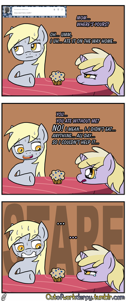 Size: 1280x3056 | Tagged: safe, artist:outofworkderpy, derpibooru import, derpy hooves, dinky hooves, pegasus, pony, unicorn, comic:out of work derpy, comic, duo, duo female, female, filly, food, mare, mother and child, mother and daughter, muffin, outofworkderpy, sweat, table, tumblr, tumblr comic, worried