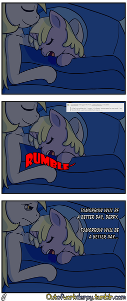 Size: 1280x3029 | Tagged: safe, artist:outofworkderpy, derpibooru import, derpy hooves, dinky hooves, pegasus, pony, unicorn, comic:out of work derpy, bed, comic, duo, duo female, female, filly, hungry, mare, mother and child, mother and daughter, night, outofworkderpy, stomach noise, tumblr, tumblr comic