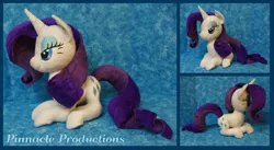 Size: 2560x1400 | Tagged: safe, artist:bluedragonflyplush, derpibooru import, rarity, pony, unicorn, female, horn, irl, mare, photo, plushie, prone, sitting, solo