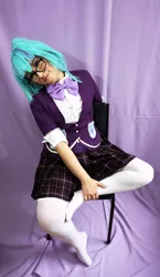 Size: 3474x6000 | Tagged: artist:ribbonbell, barefoot, bow, clothes, cosplay, costume, crystal prep academy uniform, derpibooru import, feet, folded forelegs, glasses, head tilt, human, irl, irl human, long socks, missing shoes, no shoes, photo, plaid skirt, pleated skirt, safe, school uniform, sitting, skirt, socks, sonata dusk, thigh highs, zettai ryouiki