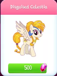 Size: 583x768 | Tagged: derpibooru import, disguised celestia, gameloft, gem, golden feather, idw, idw showified, princess celestia, safe, solo, spoiler:comic, spoiler:comic65