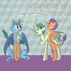 Size: 1280x1280 | Tagged: safe, artist:agent-sketch-pad, derpibooru import, gallus, sandbar, smolder, dragon, gryphon, pony, what lies beneath, claustrophobia, crossover, dialogue, dragoness, eye clipping through hair, female, ho ho ho, profile, question mark, speech bubble, spongebob squarepants, trio, wishing you well