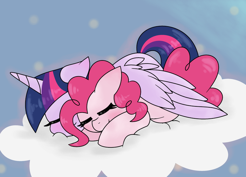 Size: 3088x2216 | Tagged: safe, artist:mississippikite, derpibooru import, pinkie pie, twilight sparkle, twilight sparkle (alicorn), alicorn, earth pony, pony, 30 day otp challenge, cloud, cuddling, cute, diapinkes, eyes closed, female, hnnng, hug, lesbian, mare, shipping, sleeping, smiling, twiabetes, twinkie, winghug