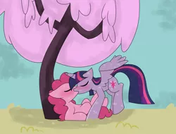 Size: 3560x2704 | Tagged: safe, artist:mississippikite, derpibooru import, pinkie pie, twilight sparkle, twilight sparkle (alicorn), alicorn, earth pony, pony, 30 day otp challenge, blushing, eyes closed, female, kissing, lesbian, love, making out, mare, missing cutie mark, shipping, sky, tree, twinkie, wings