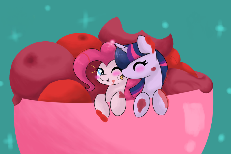 Size: 5176x3448 | Tagged: safe, artist:mississippikite, derpibooru import, pinkie pie, twilight sparkle, twilight sparkle (alicorn), alicorn, pony, 30 day otp challenge, blushing, bowl, cute, diapinkes, eyes closed, female, food, ice cream, lesbian, licking, mare, messy, one eye closed, shipping, sky, stars, tongue out, twiabetes, twinkie