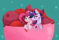Size: 5176x3448 | Tagged: safe, artist:mississippikite, derpibooru import, pinkie pie, twilight sparkle, twilight sparkle (alicorn), alicorn, pony, 30 day otp challenge, blushing, bowl, cute, diapinkes, eyes closed, female, food, ice cream, lesbian, licking, mare, messy, one eye closed, shipping, sky, stars, tongue out, twiabetes, twinkie