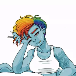 Size: 768x768 | Tagged: artist:toxstaxes, cigarette, clothes, derpibooru import, human, humanized, rainbow dash, safe, short hair, simple background, solo, sports bra, sweat, tattoo, white background, winged humanization, wings
