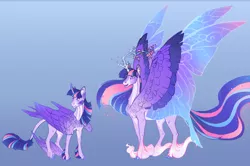 Size: 2000x1327 | Tagged: safe, artist:turnipberry, deleted from derpibooru, derpibooru import, tree of harmony, twilight sparkle, twilight sparkle (alicorn), alicorn, classical unicorn, pony, unicorn, alternate design, blue background, butterfly wings, chest fluff, cloven hooves, colored fetlocks, colored hooves, colored pupils, colored wings, colored wingtips, curved horn, ethereal fetlocks, ethereal mane, ethereal wings, feathered fetlocks, female, fluffy, gradient background, gradient eyes, gradient wings, hoof fluff, horn, hybrid wings, large wings, leg fluff, leonine tail, lidded eyes, long feather, looking back, mare, neck fluff, open mouth, petals, realistic horse legs, shoulder fluff, simple background, smiling, spread wings, tail fluff, treelight sparkle, unshorn fetlocks, wing fluff, winged hooves, wings