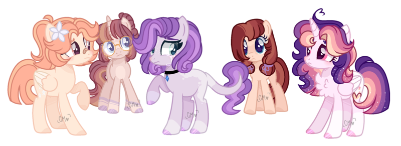 Size: 1280x468 | Tagged: safe, artist:moon-rose-rosie, derpibooru import, oc, oc:celestial moon, oc:chocolate sprinkles, oc:esmeralda, oc:magnolia, oc:rosalina, unofficial characters only, alicorn, dracony, dragon, earth pony, hybrid, pegasus, pony, unicorn, base used, female, interspecies offspring, magical lesbian spawn, mare, offspring, parent:bulk biceps, parent:cheese sandwich, parent:fluttershy, parent:pinkie pie, parent:rainbow dash, parent:rarity, parent:spike, parent:starlight glimmer, parent:sunburst, parent:twilight sparkle, parents:cheesepie, parents:flutterbulk, parents:sparity, parents:starburst, parents:twidash, simple background, transparent background