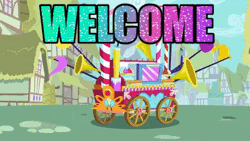 Size: 480x270 | Tagged: safe, derpibooru import, edit, edited screencap, screencap, cranky doodle donkey, pinkie pie, pony, a friend in deed, animated, caption, cart, eyes closed, gif, happy, image macro, party, ponyville, slide, sliding, song, text, welcome, welcome song