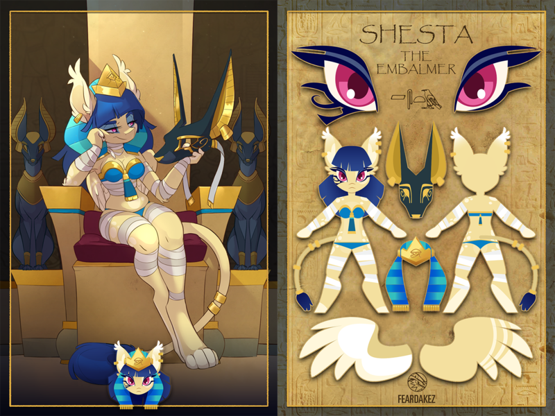 Size: 1440x1080 | Tagged: anthro, anthro oc, anubis, armpits, artist:kez, badge, bandage, blue underwear, breasts, cat paws, ceremonial makeup, clothes, con badge, derpibooru import, digitigrade anthro, egypt, egyptian, egyptian pony, eye of horus, feather, female, gold, hat, hybrid, jewelry, leonine tail, mask, midriff, mummification, mummy, nemes headdress, oc, oc:shesta, piercing, reference sheet, ring, safe, sphinx, sphinx oc, throne, underwear, unofficial characters only, wings, wrapping