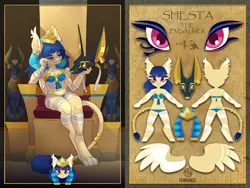 Size: 1440x1080 | Tagged: anthro, anthro oc, anubis, armpits, artist:kez, badge, bandage, blue underwear, breasts, cat paws, ceremonial makeup, clothes, con badge, derpibooru import, digitigrade anthro, egypt, egyptian, egyptian pony, eye of horus, feather, female, gold, hat, hybrid, jewelry, leonine tail, mask, midriff, mummification, mummy, nemes headdress, oc, oc:shesta, piercing, reference sheet, ring, safe, sphinx, sphinx oc, throne, underwear, unofficial characters only, wings, wrapping