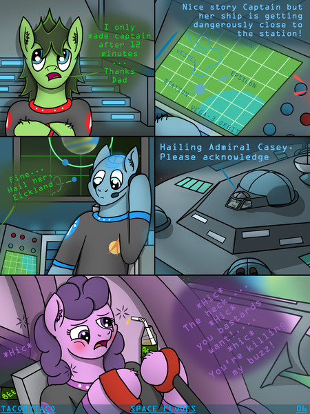 Size: 3024x4032 | Tagged: safe, artist:tacomytaco, derpibooru import, oc, oc:admiral casey, oc:captain conray, oc:eickland, unofficial characters only, earth pony, pony, comic:space floofs, alcohol, bipedal, blushing, clothes, comic, crossed arms, drunk, headset, microphone, space, spaceship, straw, text, uniform